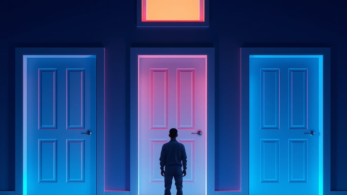 A person stands before three identical glowing doors, one with a small window revealing a different room.
