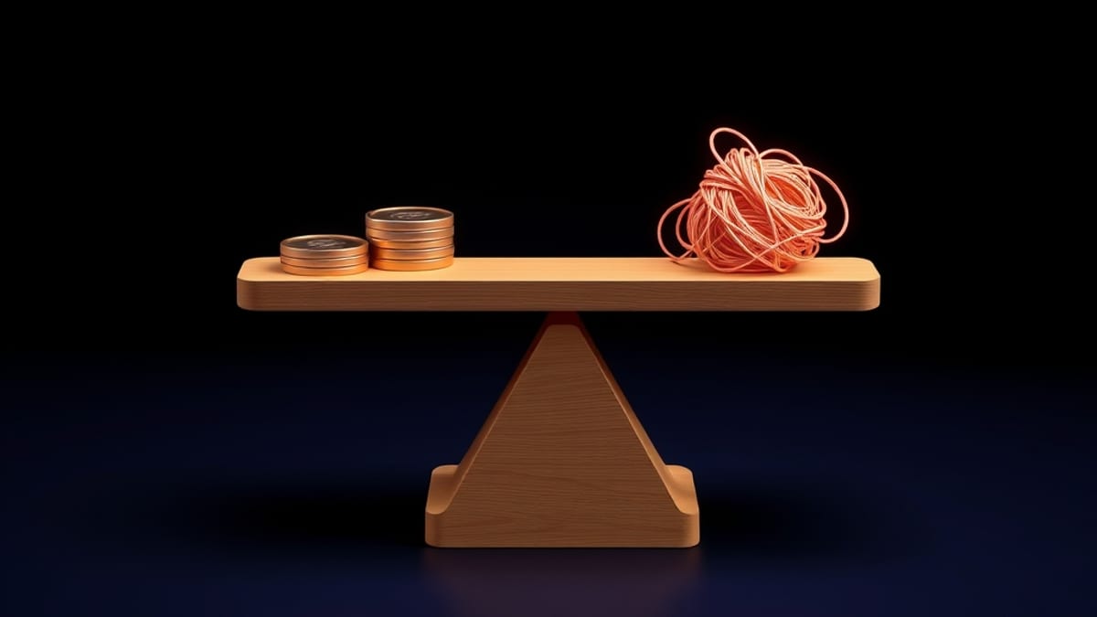 A balance scale tips toward a small stack of coins while the other pan holds a tangled knot of glowing threads.