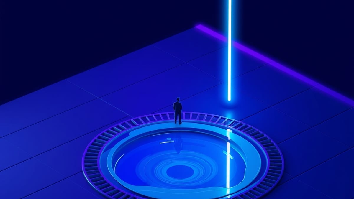 A shallow puddle on tiled floor beside a deep dark shaft with faint light rising from it, a small figure standing at the pudd