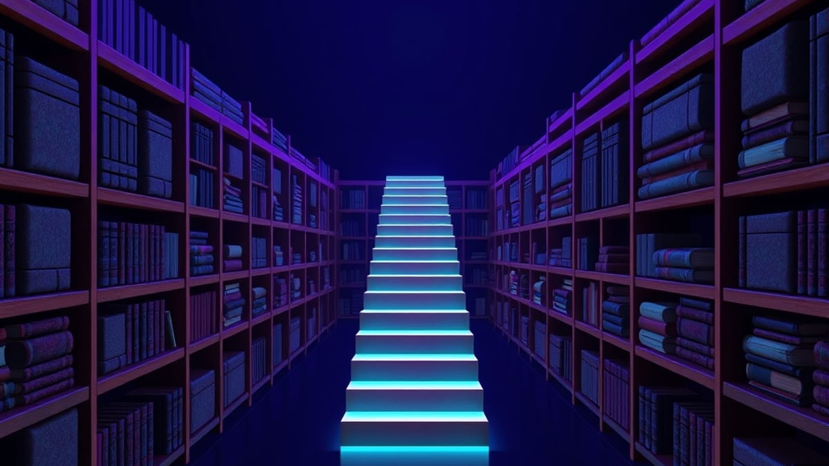A shelf of mismatched objects with identical blank covers, and one glowing staircase leading to a lit doorway.