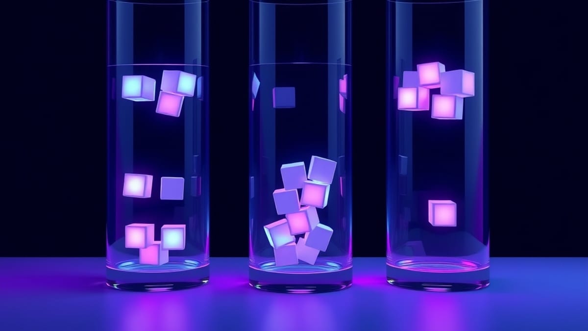 Three glass containers of different shapes holding different amounts of the same glowing cubes.