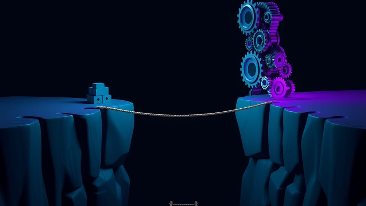 A rope bridge crossing a chasm from a small pile of blocks to a tall structure of interlocking gears.