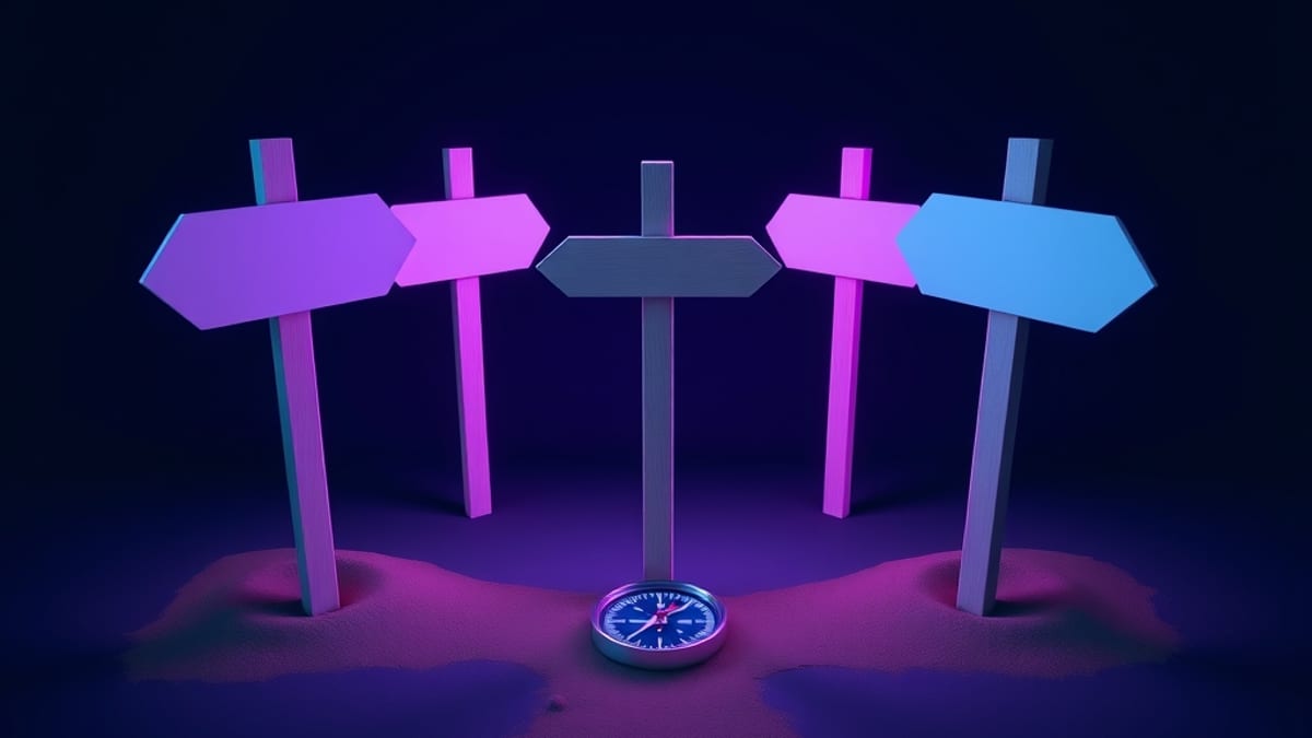 Blank signposts at a forking path, each pointing a different way, with a compass on the ground.