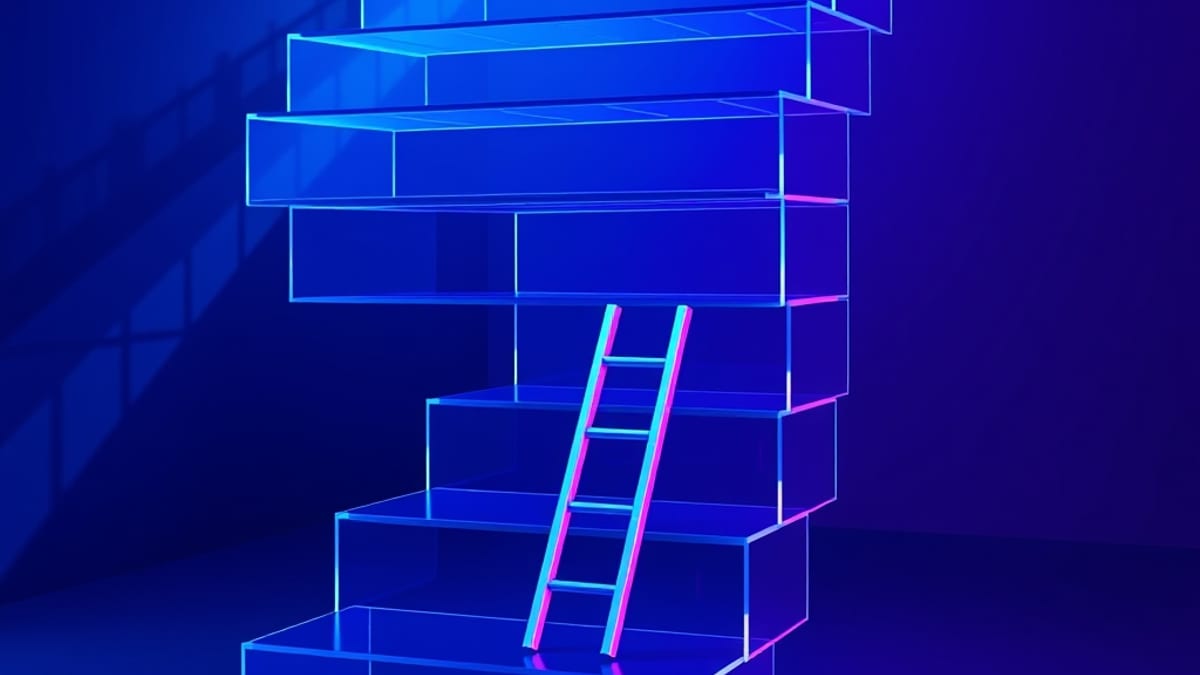 Glass staircase with three missing middle steps and a ladder leaning against the gap.