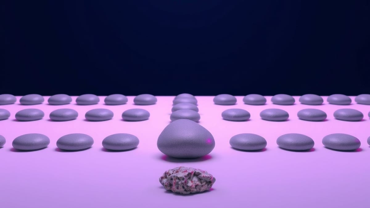 A neat row of identical smooth grey pebbles, with one rough irregular pebble at the end.