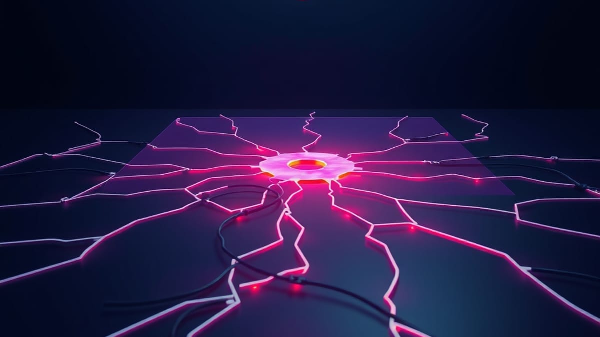 A wax seal floats above a cracked glass floor, with tangled cables and red glow spreading underneath.