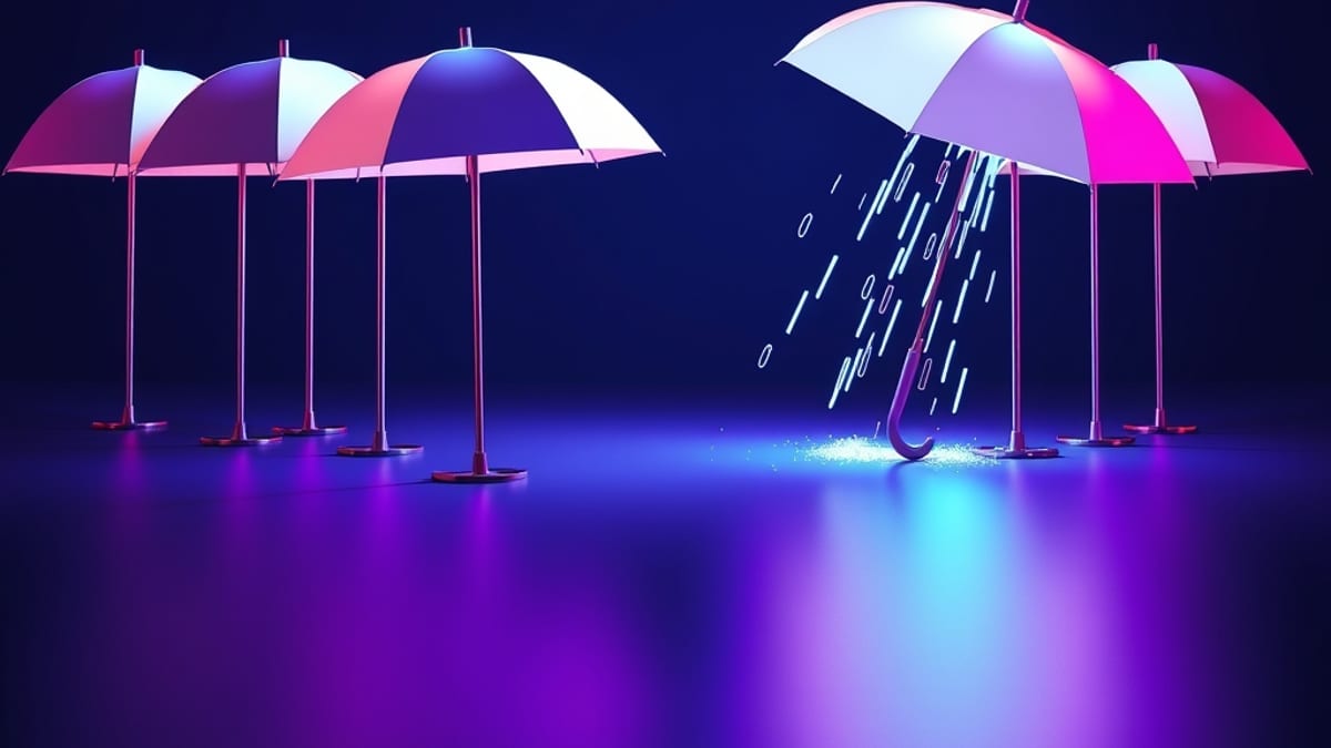 Identical closed umbrellas stand in sunlight while one open umbrella tilts into rain.