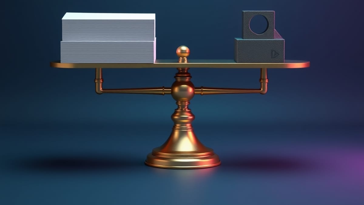 A clay balance scale with a stack of blank papers outweighing a small geometric tool block on the other pan.