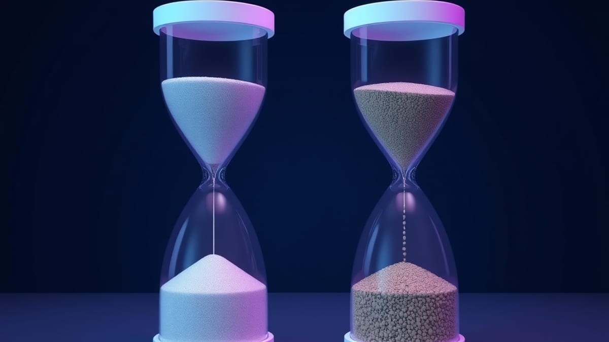 Two hourglasses side by side, one with fine sand drained low and one with coarse gravel barely moved.