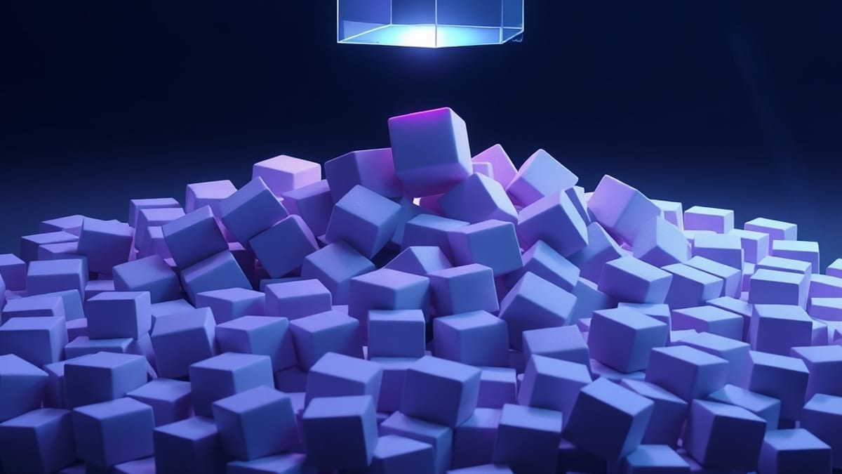 A clear glass cube balanced on a beam of light above a heap of cracked, opaque cubes in shadow.
