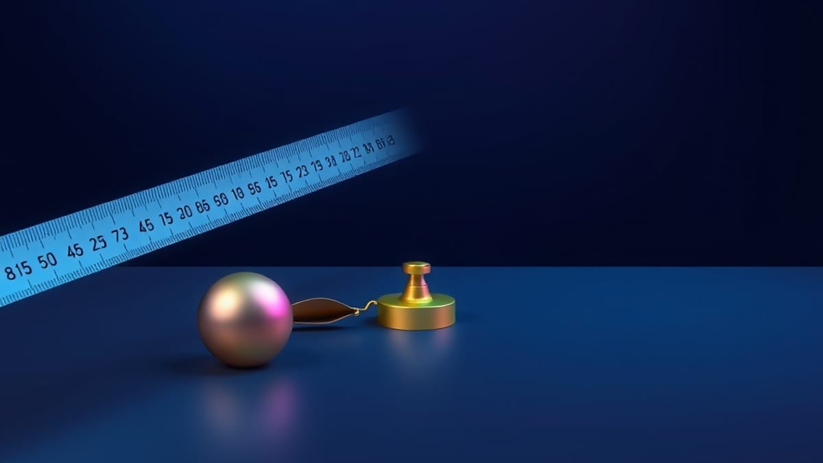 A measuring tape whose numbered markings fade into blank metal, with a small brass weight at the fade point.