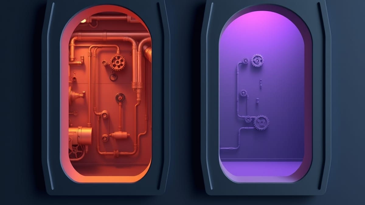 Two identical keyholes, one revealing working pipes and gears, the other a flat painted backdrop of the same scene.