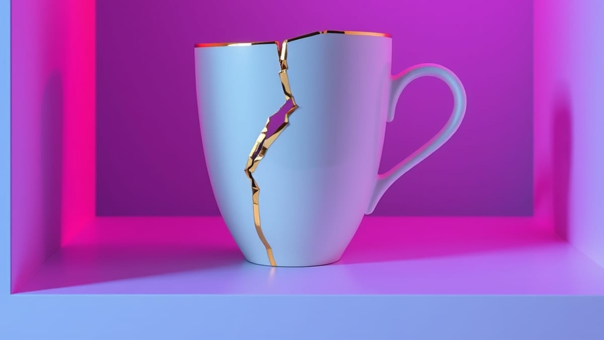 A cracked cup repaired with gold seams beside an intact plain cup on a shelf.