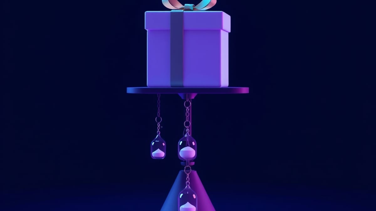 A hollow gift box on a scale, weighed down by a chain of tiny hourglasses hanging beneath it.
