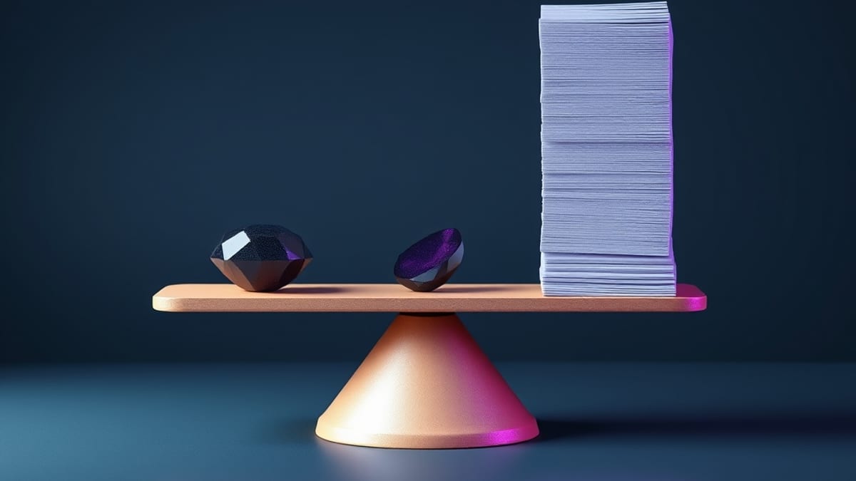 A balance scale with a dense gem on one pan weighing more than a tall stack of blank paper sheets on the other.