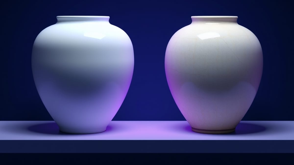 Two similar ceramic vessels on a shelf, one smoothly glazed and one cracked with a thick heavy base.