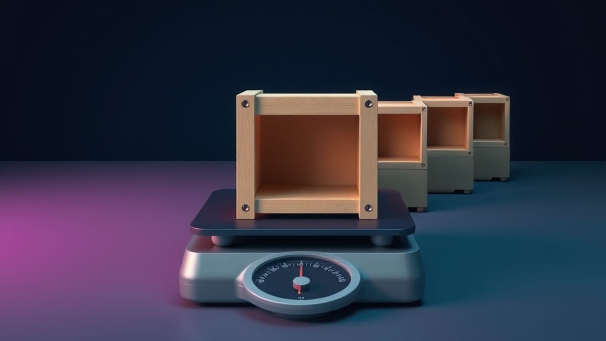 A sealed wooden crate on a scale beside identical open crates that appear empty.