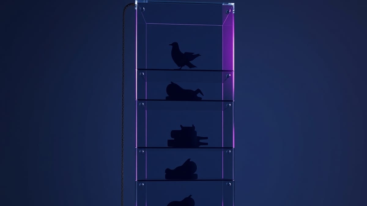 Stacked translucent glass panes each showing a different faint silhouette, with a plumb line beside them.