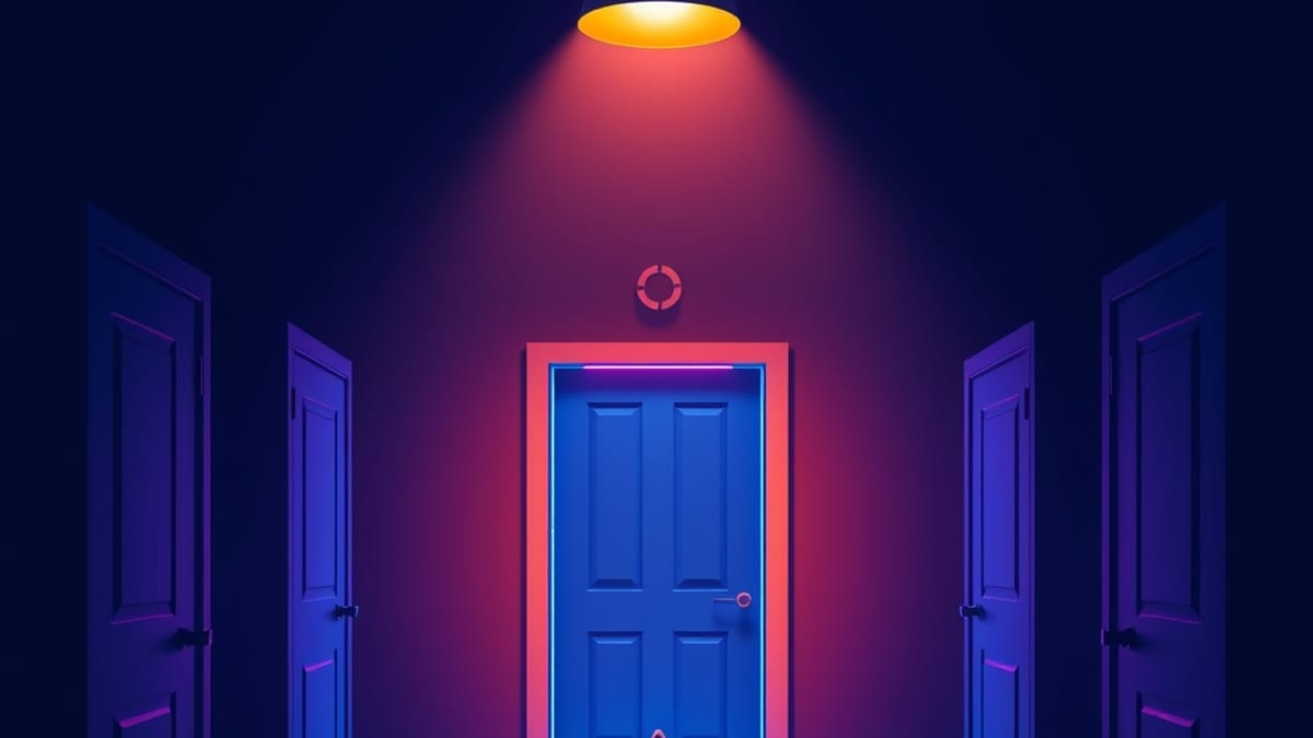 A corridor fork with one door wedged open under a lamp and many closed doors.