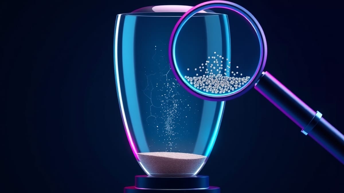 A cracked glass trophy leaking sand while a magnifying glass reveals identical grains trapped inside the glass.