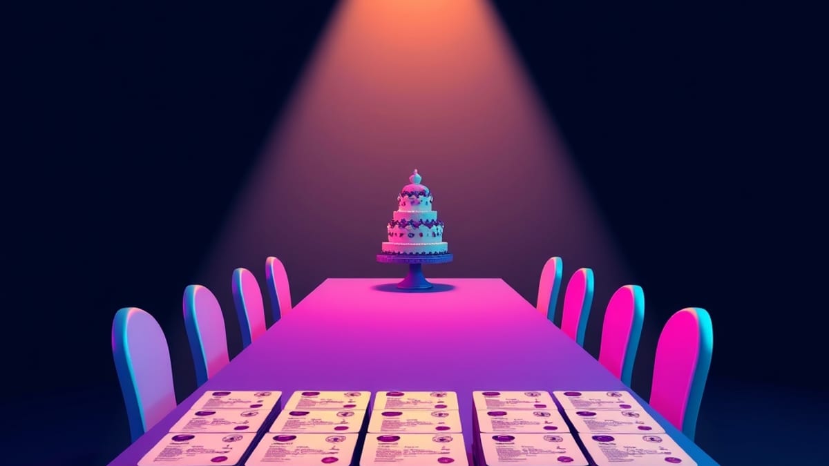 A spotlighted cake at one end of a long table, with empty chairs facing a stack of identical recipe cards.