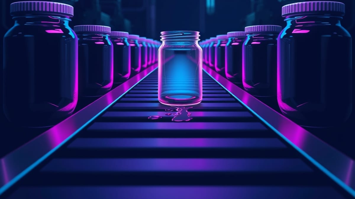 Sealed jars on a conveyor belt, one cracked and leaking, with no one watching.