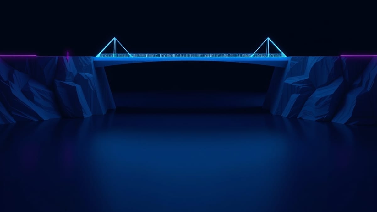 A geometric bridge crossing a dark river, stopping short of the near cliff edge.