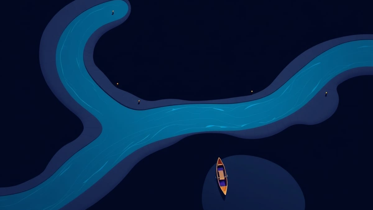 Top-down flat vector of a river delta splitting into channels, some clear and some silting, with markers at each fork.
