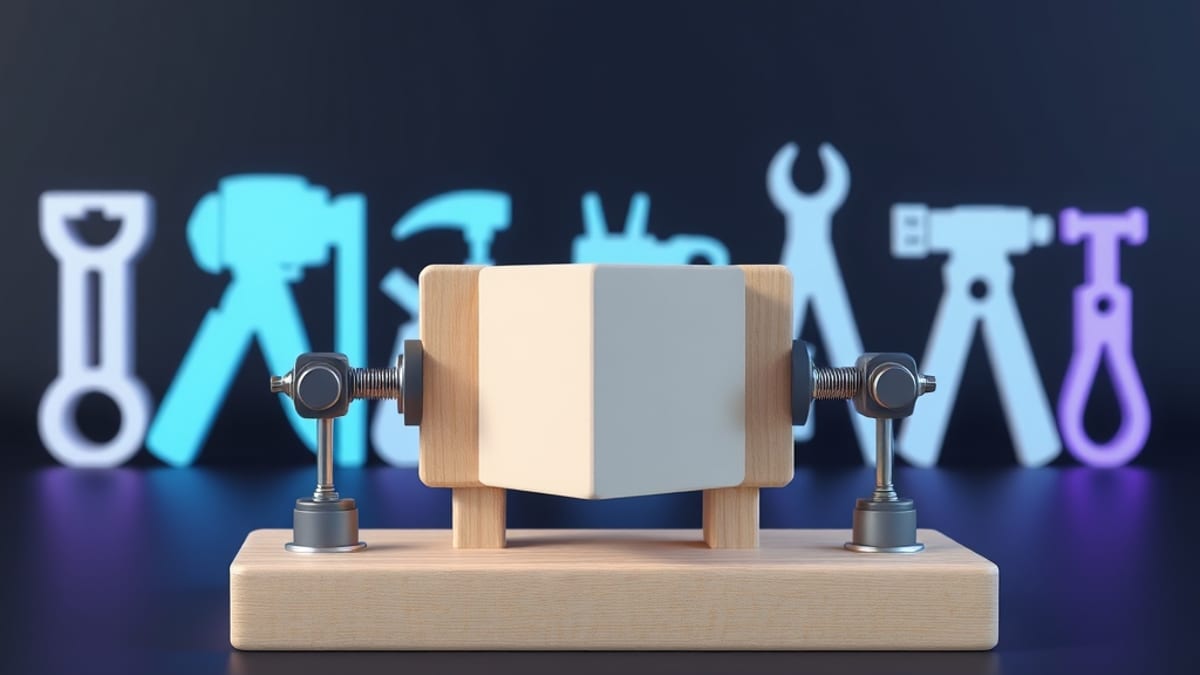 A wooden measuring jig holding a small cube, gauges on three sides, with abstract tool silhouettes lined up behind.