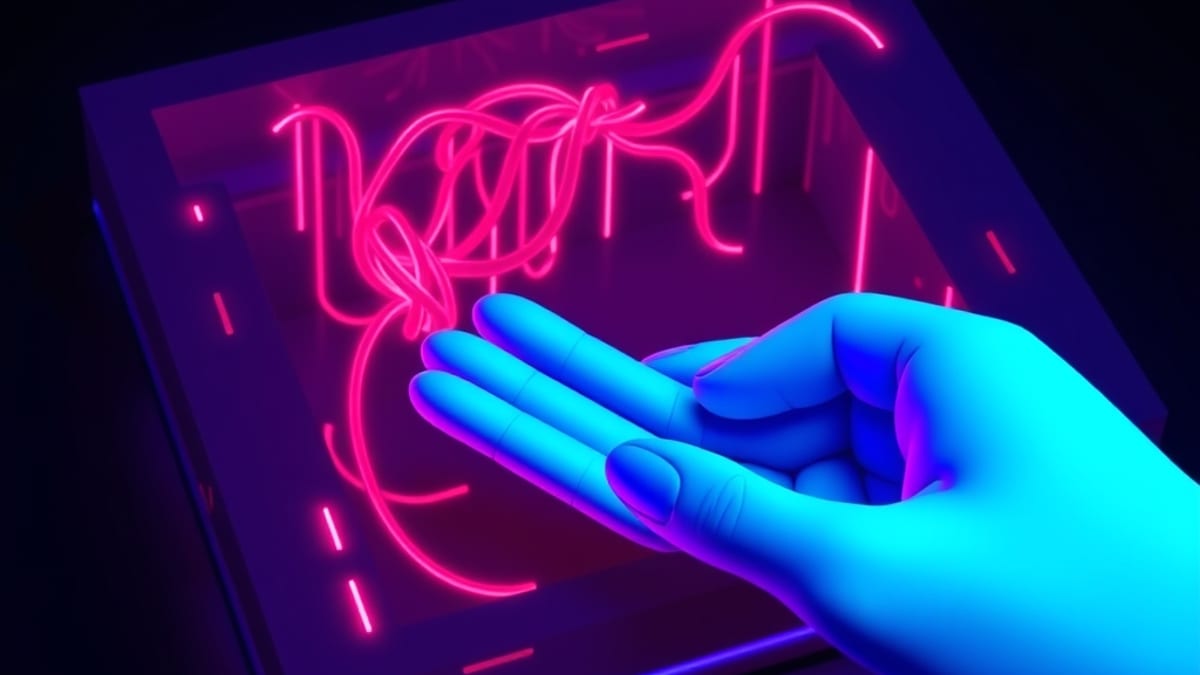 A glowing red data stream enters a maze and turns into tangled knots while a blue hand reroutes it.