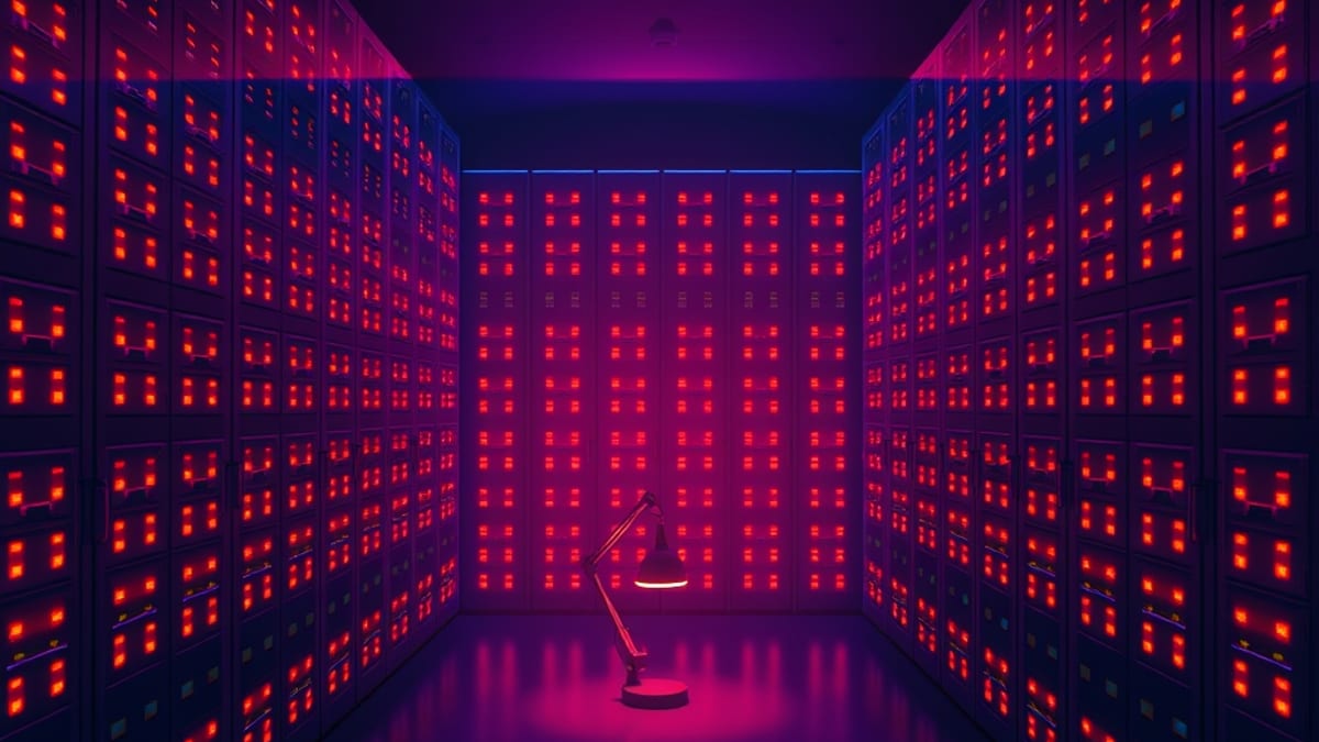 A small desk lamp shines a narrow beam on one server in a dark room full of red lights.