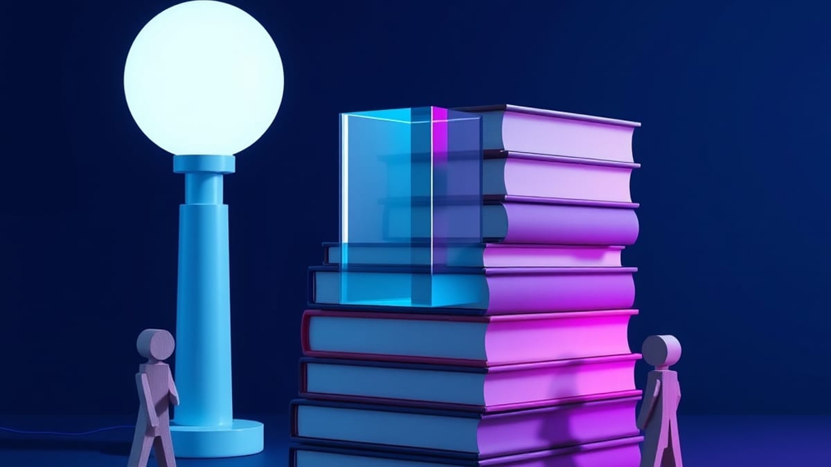 A stack of books with one replaced by a glass block, flanked by wooden pawns leaning away.