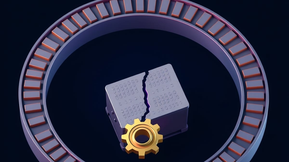 A loop of identical conveyor belts feeding one grey crate, cracked, with a lone brass gear outside.