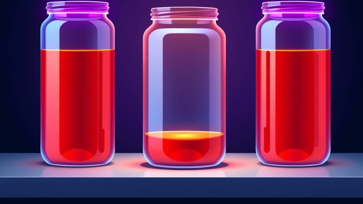 Five glass jars of different heights on a shelf, each filled to a different level with glowing amber liquid, an empty measuri