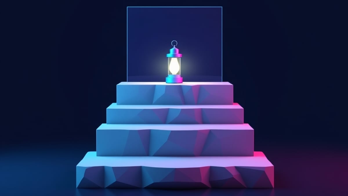 Three ascending stone steps each blocked by a progressively taller translucent glass wall, with a small glowing lantern resti