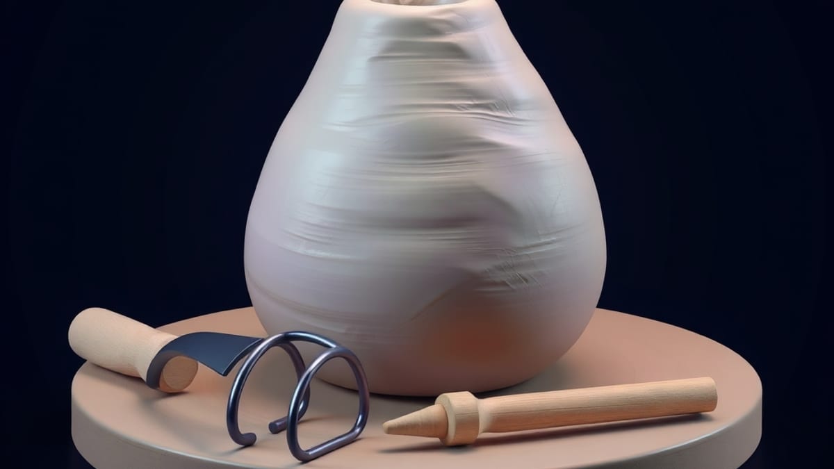Abstract 3D render of clay on a potter's wheel being smoothed by curved metal shaping tools under soft light.