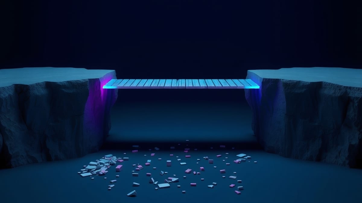 A glass bridge over a gap, its middle planks breaking into floating fragments while the far cliff crumbles and rebuilds itsel