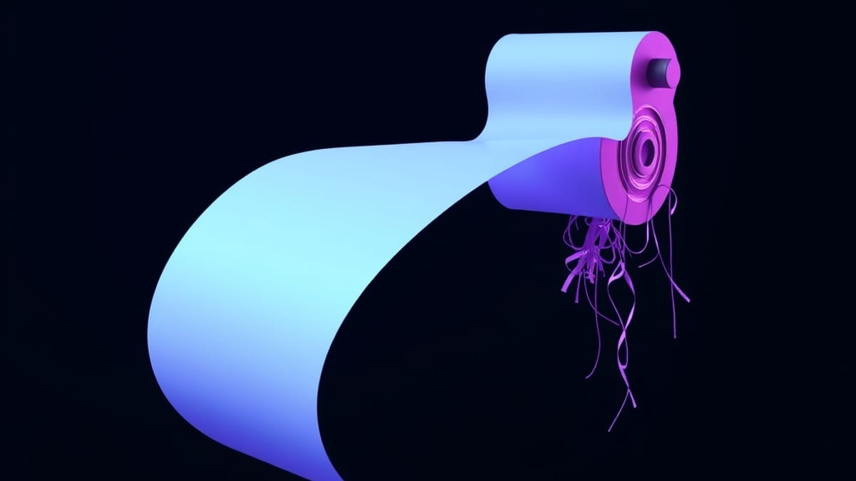 A ribbon of paper unrolls solid and clean, then frays into translucent shreds and loose threads before ending unfinished.
