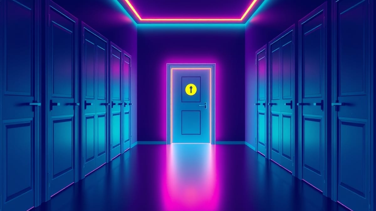 A corridor of closed doors with coin slots, three standing open toward warm light, and one gate with a brass key.