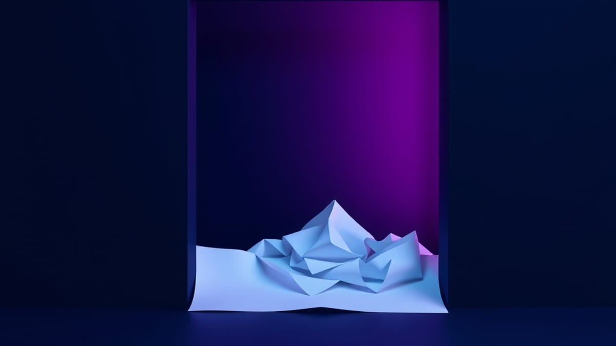 A long paper strip clipped by a narrow doorway, only a short segment emerging while the rest crumples behind the wall.