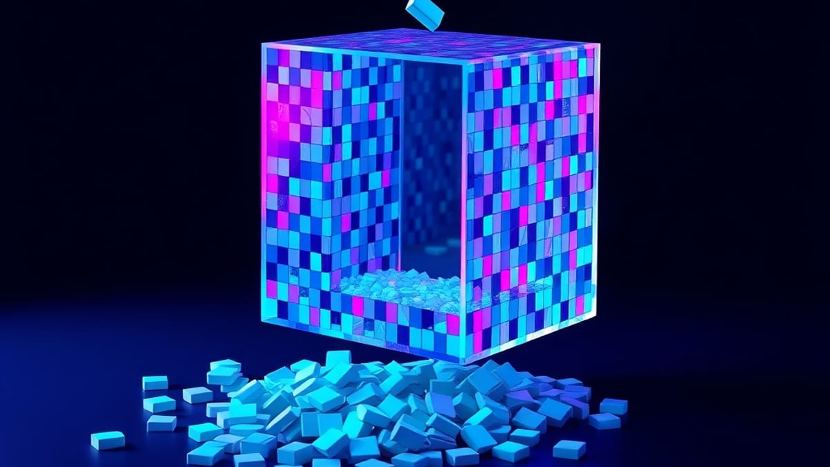 A glass cube made of small colored mosaic tiles hovers above a pile of loose tiles, with a few tiles floating toward its open