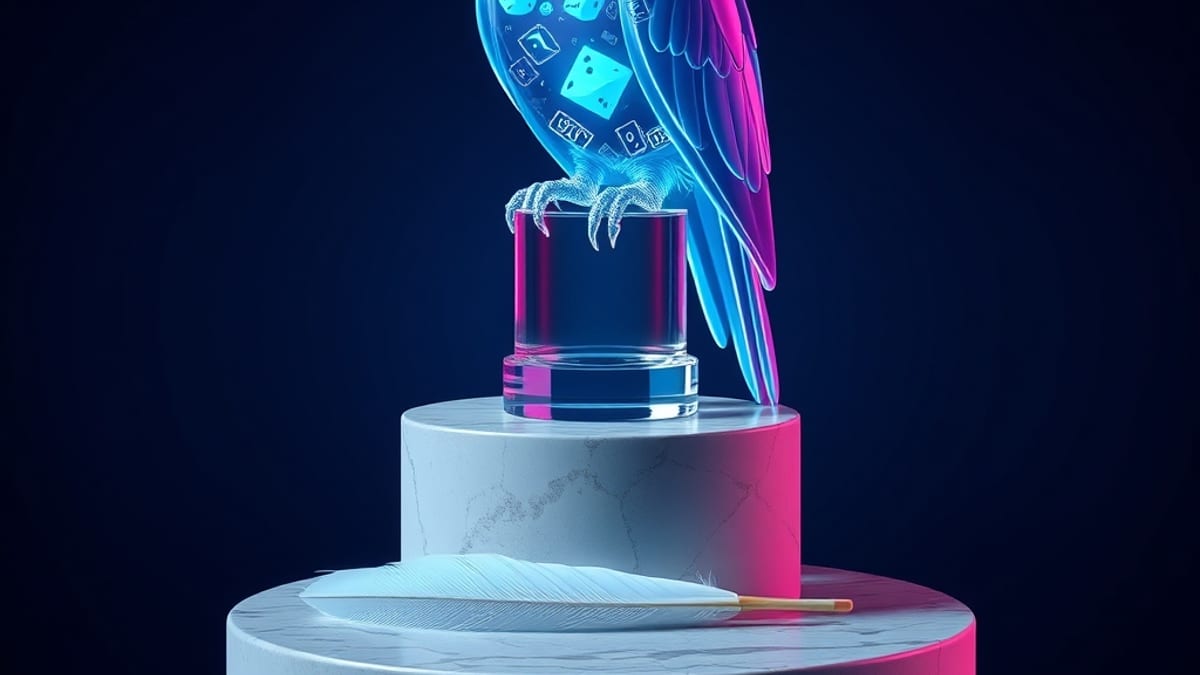 A glass parrot filled with glowing dice and number grids sits on a plinth beside a single real feather.