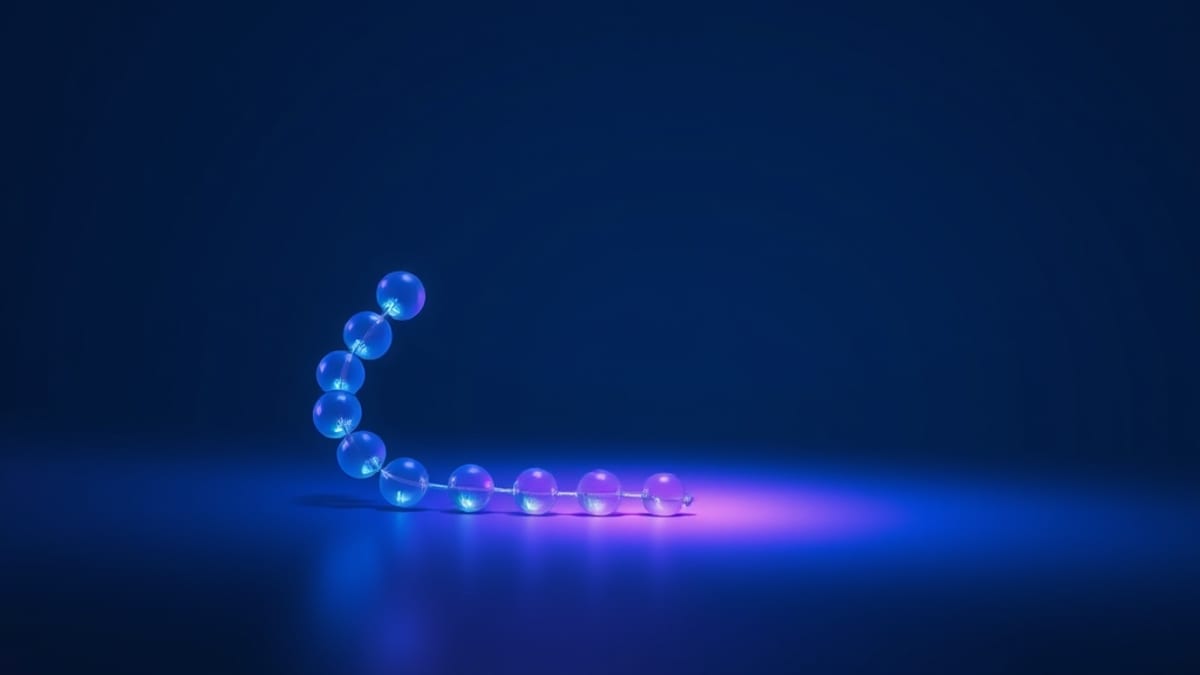 A chain of glowing glass beads sliding down a slope, the final bead half-dissolved into mist.