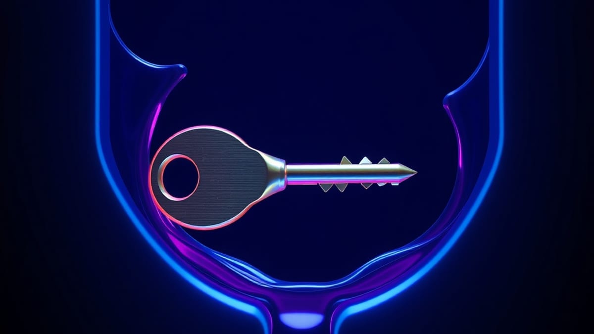 A gleaming key entering a keyhole in a rippling mercury wall while its shadow forms a different shape.