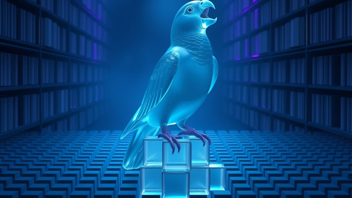 A translucent glass parrot perched on a grid of identical cubes, echoing shapes, with blank pages fading into fog behind it.