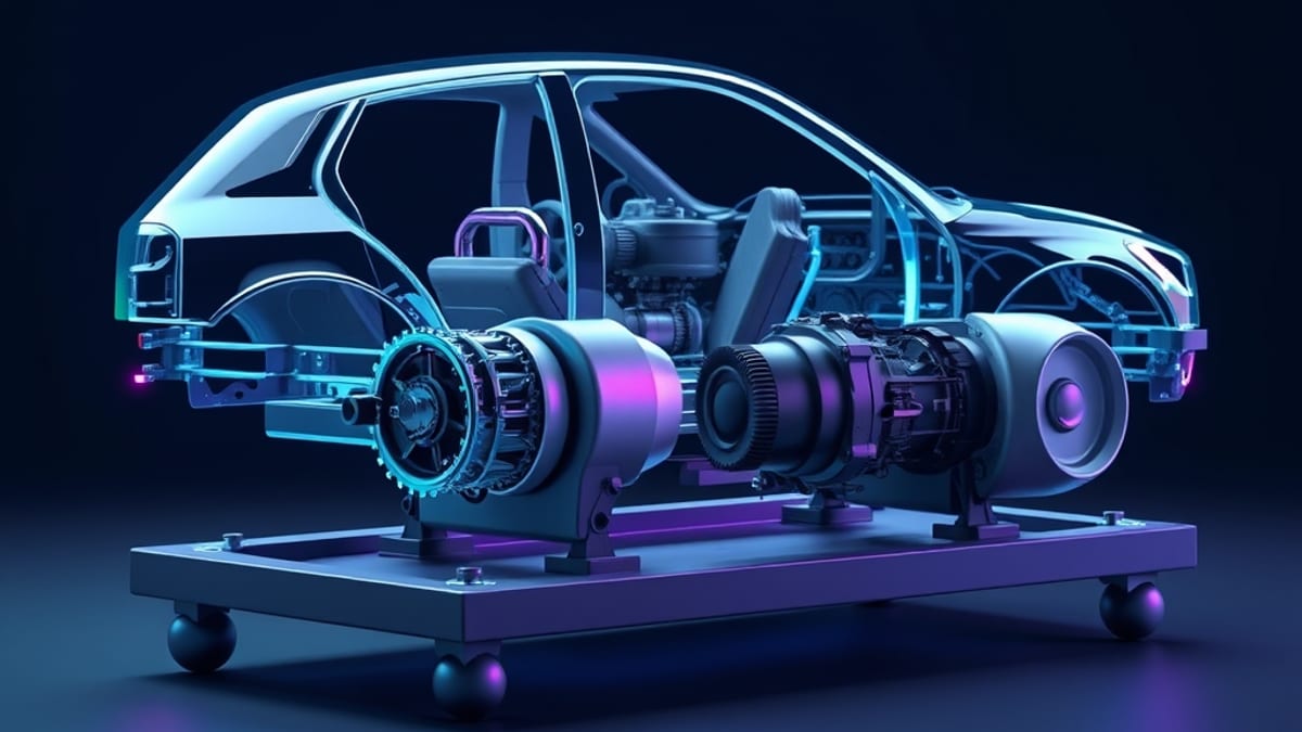 A transparent car body with its engine removed and swapped for a differently shaped engine resting on a workbench beside it.