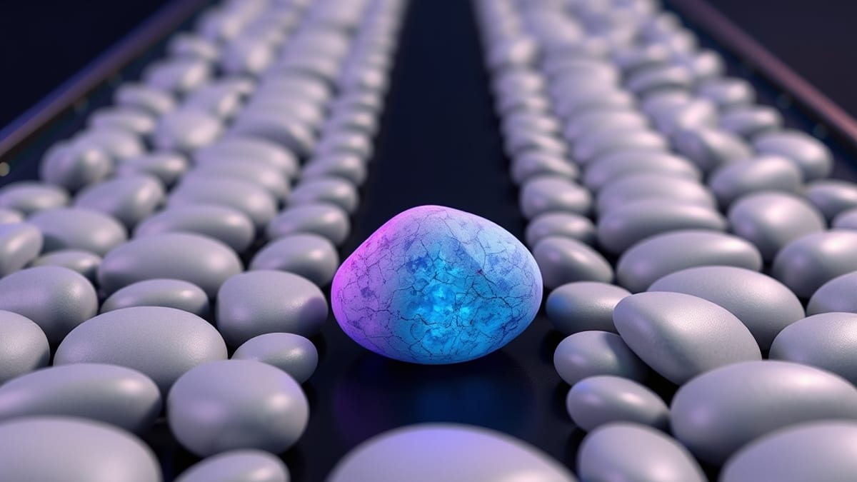 A neat row of identical grey pebbles on a conveyor belt, interrupted by one vivid, irregular, hand-cut pebble dropping in fro