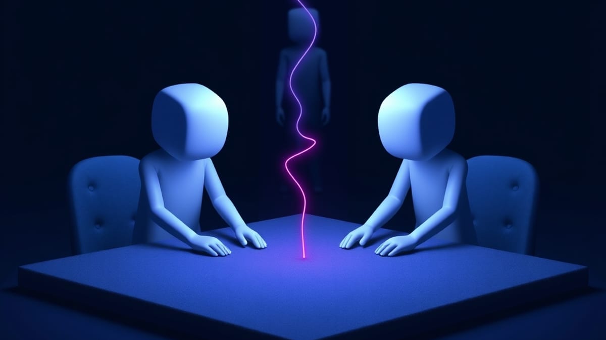 Two faceless geometric figures at a table, a glowing thread of abstract marks arcing between them, a third figure watching th