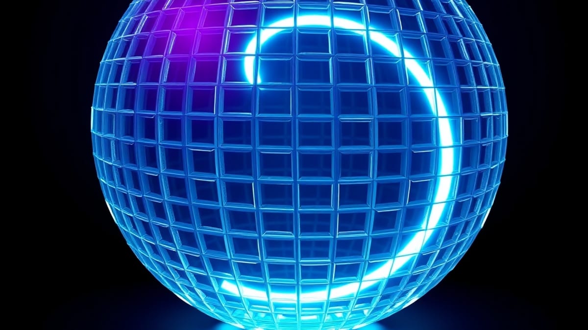 A glass lattice sphere of tiny glowing tiles with a smooth bright curve threading through the gaps between them.