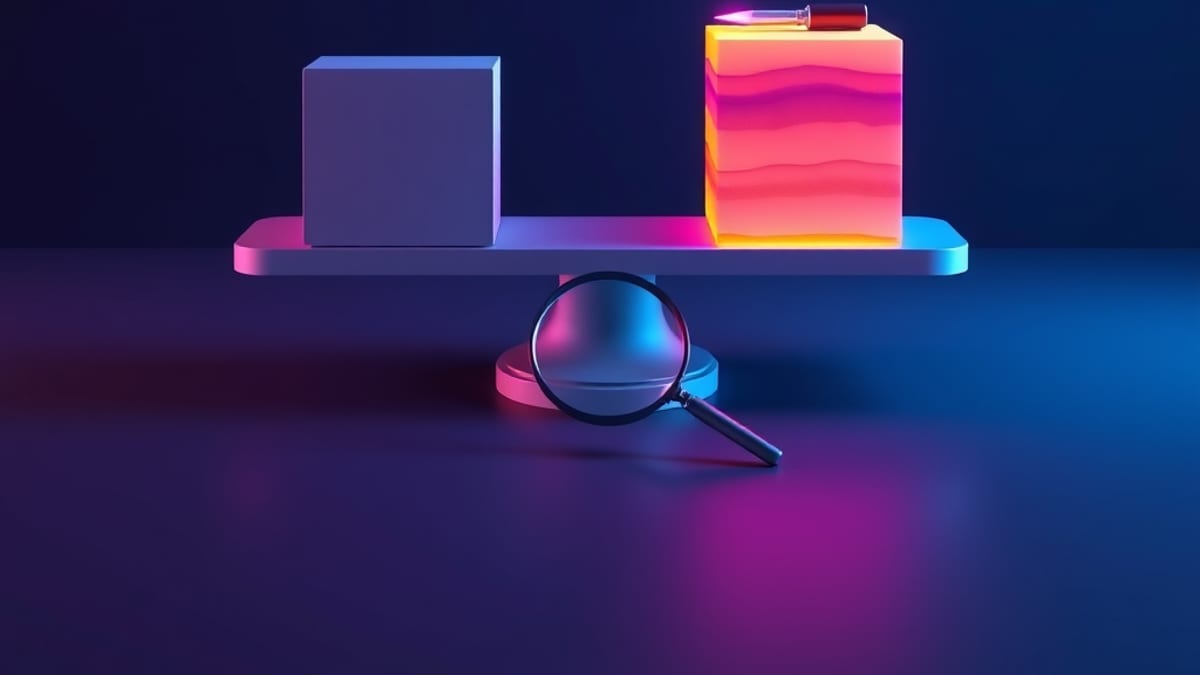 A balance scale weighing a plain grey cube against a glowing layered cube, with a magnifying glass hovering uselessly nearby.